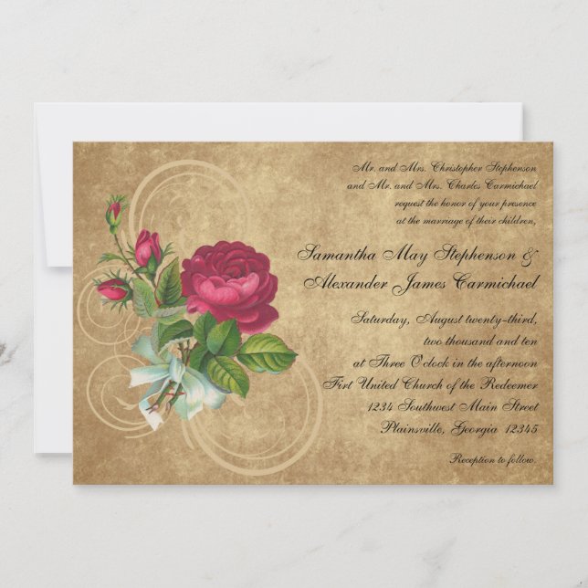 Vintage Fuchsia Rose Wedding Invitations (Front)