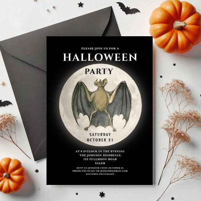 Vintage Full Moon Bat Halloween Party  Invitation (Vintage Full Moon Bat Halloween Party Invitation)