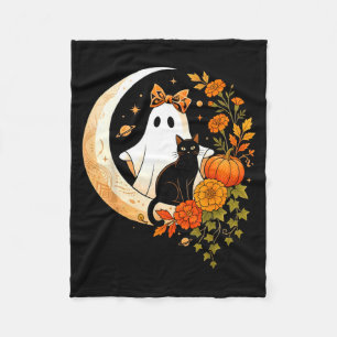 Vintage Fun Halloween Ghost Holding Black Cat Fleece Blanket