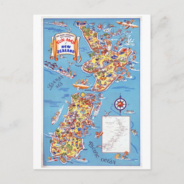 Vintage Fun Map of New Zealand Postcard (Front)