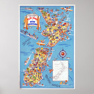 Vintage Fun Map of New Zealand Poster