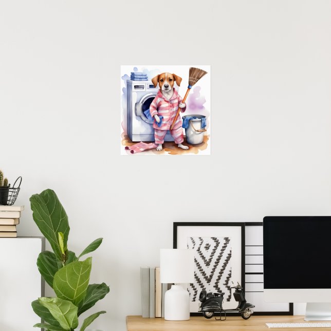 Vintage Funny Cat in Pyjamas Doing Laundry  Poster (Home Office)
