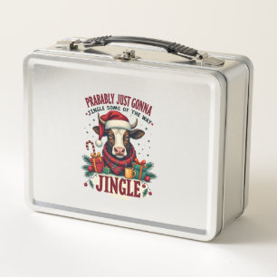Vintage Funny Christmas Highland Cow Jingle Bell C Metal Lunch Box
