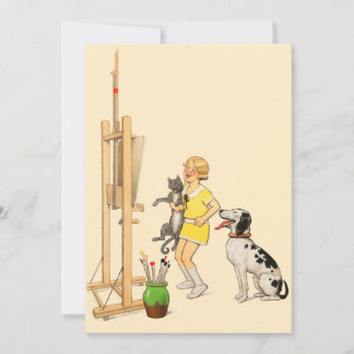 Vintage Funny Girl, Dog Cat Print Georges Redon Invitation