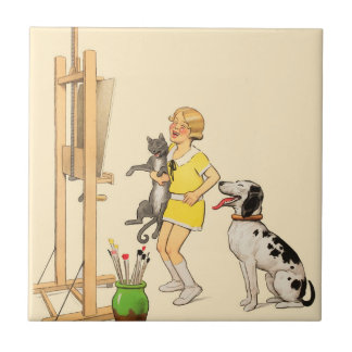 Vintage Funny Girl, Dog Cat Print Georges Redon Tile