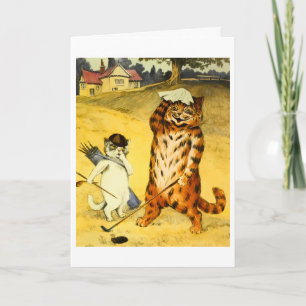 Vintage Funny Golfing Cat and Caddie Illustration Card