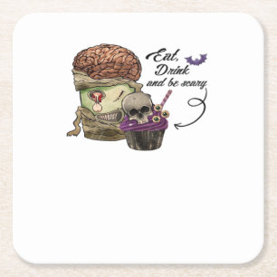 Vintage Funny Halloween Quote Eat Drink And Be Sca Square Paper Coaster