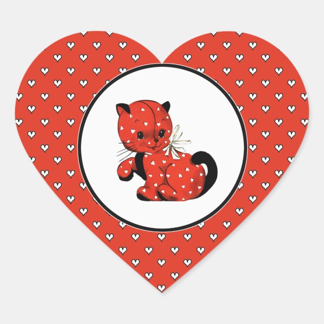 Vintage Funny Kitty Valentine's Day Heart Sticker (Front)