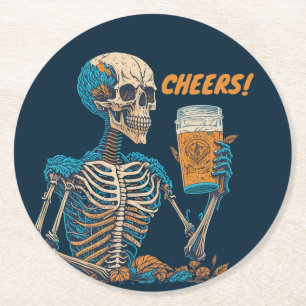 Vintage funny skeleton beer drinking modern  round paper coaster