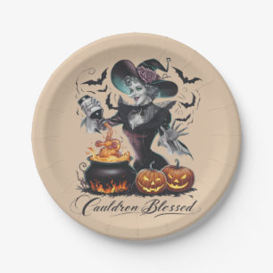 Vintage Funny Witch Cauldron Blessed Halloween Paper Plate