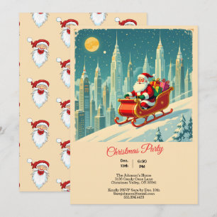 Vintage & Futuristic City Santa Sleigh Christmas Invitation