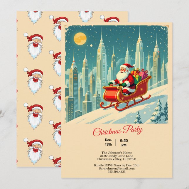 Vintage & Futuristic City Santa Sleigh Christmas Invitation (Front/Back)