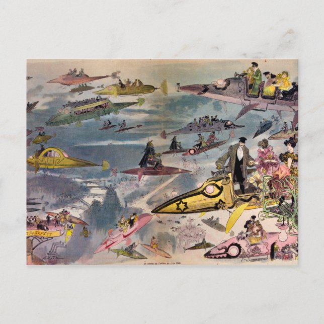 Vintage Futuristic Flying Machines Colour Art Postcard (Front)