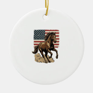Vintage Galloping Horse American Flag Shirt Design Ceramic Ornament