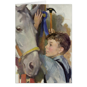 Vintage Garçon avec son ruban bleu Cheval gagnant