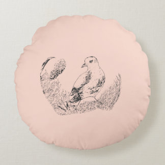 Vintage Garden Bird – Black-White Botanical Art Round Pillow