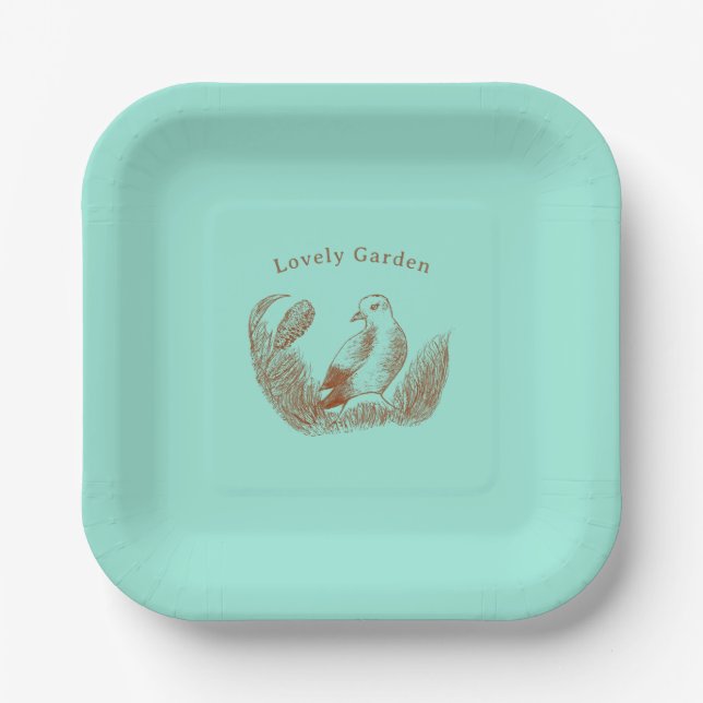 Vintage Garden Bird – Monochrome Floral Paper Plate (Front)