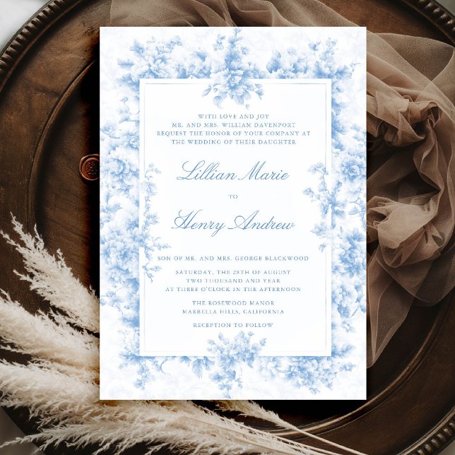 Vintage Garden Blue Toile French Frame Wedding Invitation (vintage garden wedding invitation blue toile french roses floral botanical old money formal elegant)