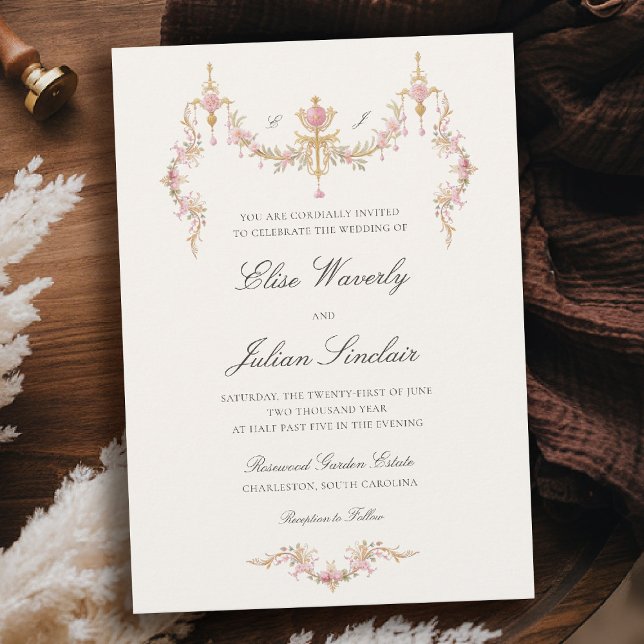 Vintage Garden French Chateau Soft Blush Wedding Invitation (regency romance vintage chateau garden wedding blush pink gold floral invitation monograms)