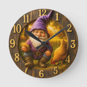 Vintage garden gnome & hen rustic farm round clock