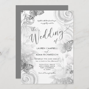 Vintage Garden Grey & White Botanical Wedding Invitation