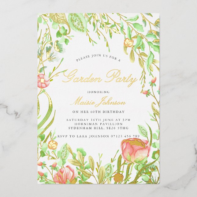 Vintage Garden Party Birthday Invitation Gold (Front)