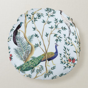 Vintage garden pomegranate fruit tree, exotic bird round pillow