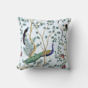 Vintage garden pomegranate fruit tree, exotic bird throw pillow