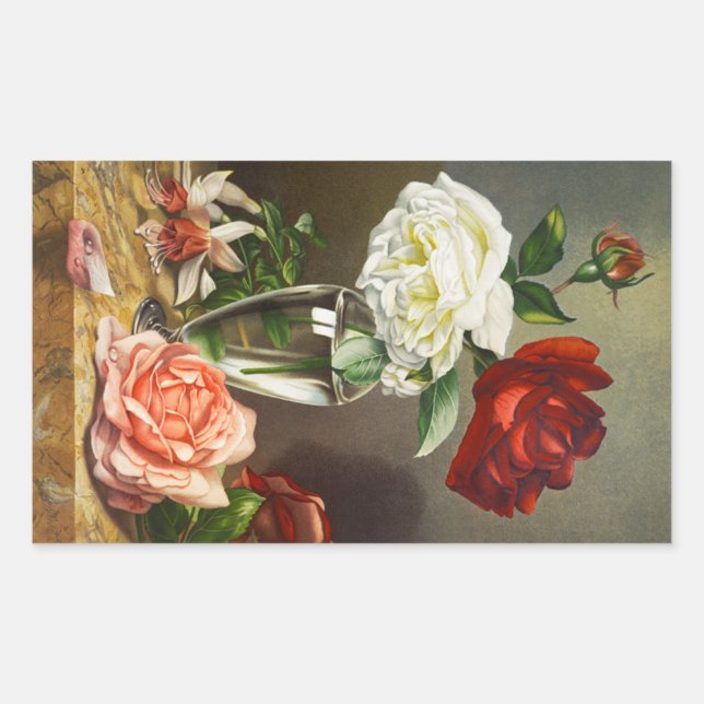 Vintage Garden Roses in a Glass Vase Sticker (Front)
