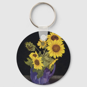 Vintage Garden Summer Sunflower Flowers in a Vase Keychain
