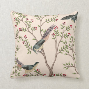Vintage garden tree, bird floral seamless pattern throw pillow