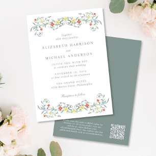 Vintage Garden Watercolor QR Code Wedding Invitation