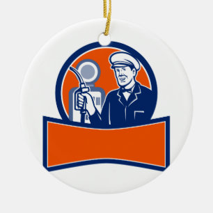 Vintage Gas Station Attendant Circle Retro Ceramic Ornament
