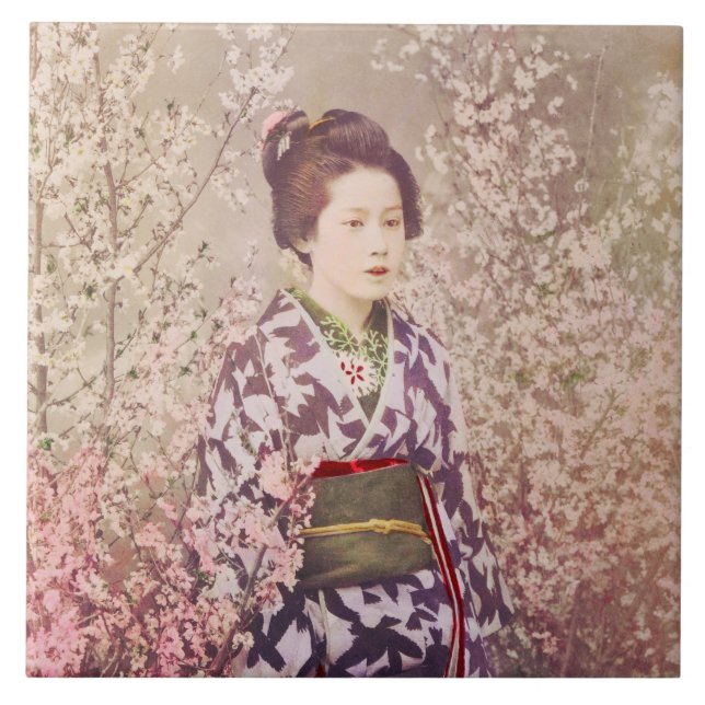 Vintage Geisha and Cherry Blossom Tile (Front)
