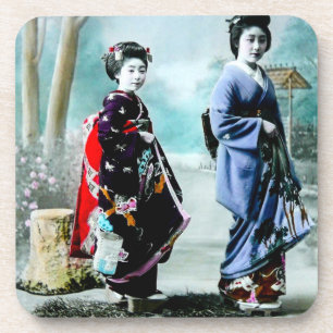 Vintage Geisha and Her Maiko 芸者 舞妓 Old Japan Coaster