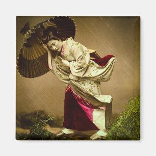 Vintage Geisha in a Springtime Rain Glass Slide Magnet