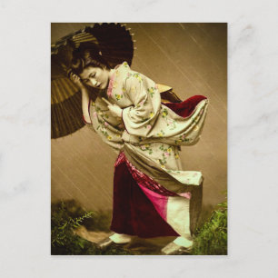 Vintage Geisha in a Springtime Rain Glass Slide Postcard