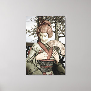 Vintage Geisha Kimono Fan Illustration Canvas Print