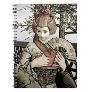 Vintage Geisha Kimono Fan Illustration Notebook