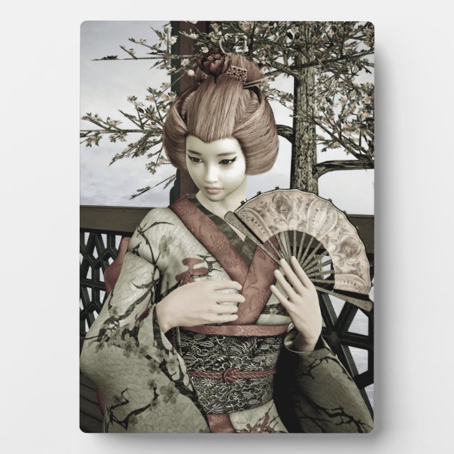 Vintage Geisha Kimono Fan Illustration Plaque (Front)