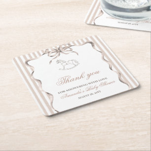 Vintage Gender Neutral Rocking Horse Baby Shower Square Paper Coaster