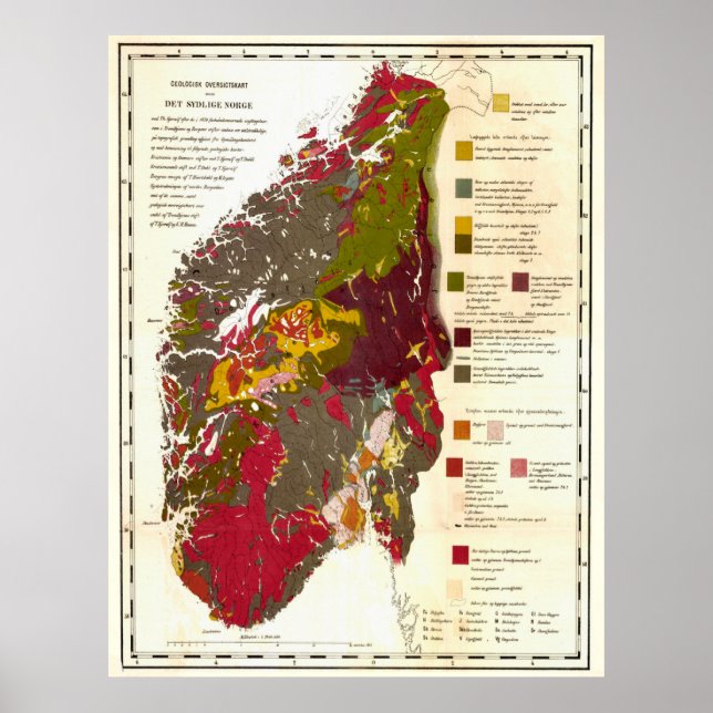 Vintage Geological Map of Norway (1871) Poster (Front)