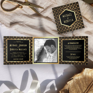 Vintage Geometric Art Deco Style Photo Wedding Tri-Fold Invitation