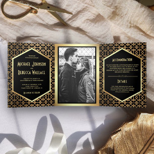 Vintage Geometric Art Deco Style Photo Wedding Tri-Fold Invitation