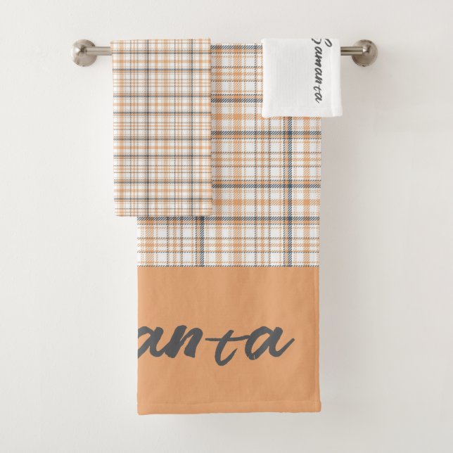 Vintage geometric beige name bath towel set (Insitu)