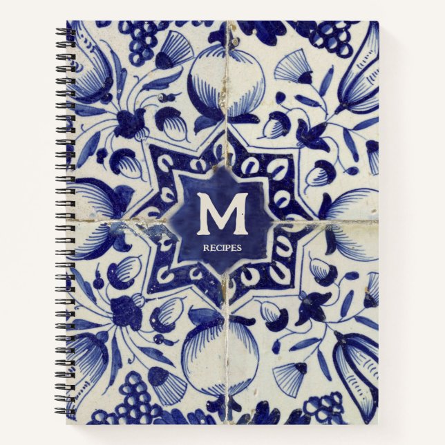 Vintage Geometric Blue White Monogrammed Recipe Notebook (Front)