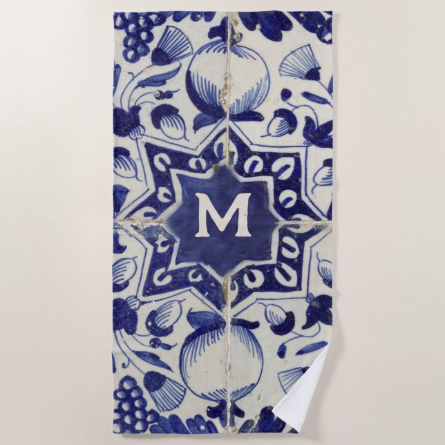 Vintage Geometric Blue White Tile Monogrammed Beach Towel (Front)