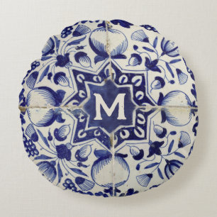 Vintage Geometric Blue White Tile Monogrammed  Round Pillow