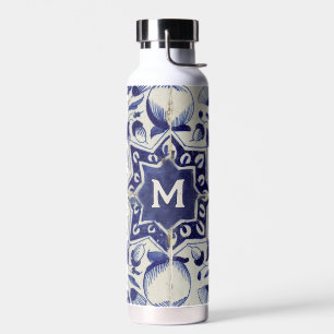 Vintage Geometric Blue White Tile Monogrammed  Water Bottle