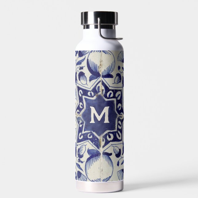 Vintage Geometric Blue White Tile Monogrammed  Water Bottle (Left)